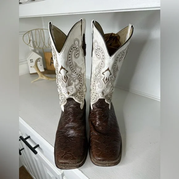 **SOLD**Ferrini Lizard Print Western Cowboy Boots Men’s 10.5 Brown & White - Picture 3 of 11